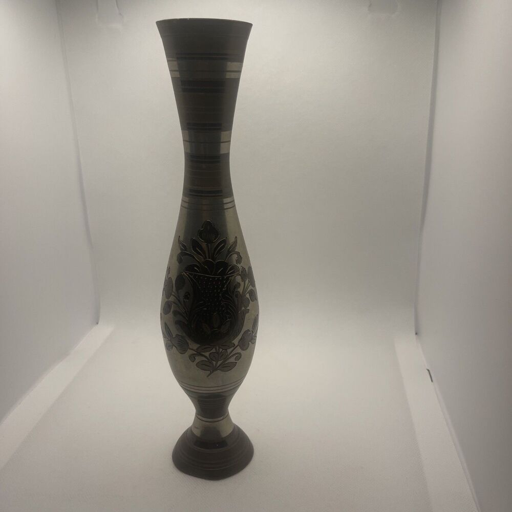 Vintage Brass Vase, Etched Floral Design Made In India 10” Tall